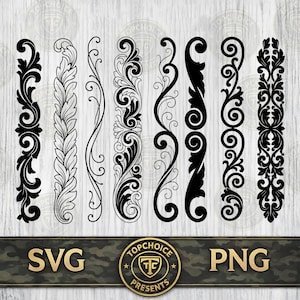 Può includere: Una collezione di otto distinti disegni di bordi verticali neri caratterizzati da intricati motivi a volute, motivi floreali e disegni in filigrana. L'immagine include un logo circolare con il testo Topchoice Presents e le etichette SVG e PNG.