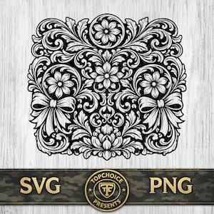 Puede incluir: Diseño floral en blanco y negro con lazos y flores. El diseño es intrincado y detallado, con patrones arremolinados y elementos simétricos. La imagen incluye el texto "SVG" y "PNG" en la parte superior e inferior, y un logotipo circular que dice "TOPCHOICE PRESENTS".