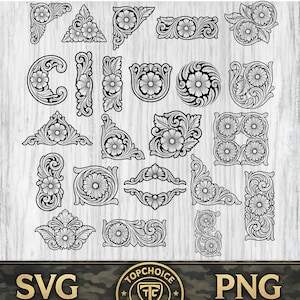 May include: A collection of black and white digital vector illustrations featuring intricate floral scrollwork and filigree patterns in various shapes including corners, borders, and circular motifs, with the text SVG and PNG at the bottom.