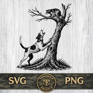 Può includere: Illustrazione in bianco e nero di un cane da caccia che abbaia a un procione su un albero. Il cane è maculato e indossa un collare. Il procione è appollaiato su un ramo. L'immagine include i testi "SVG" e "PNG".