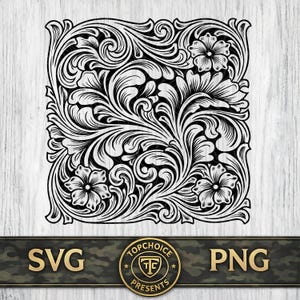 Western Tooled Leather Floral SVG | Carving Pattern PNG | Leather Texture Vector | Laser Engrave Hat Patch | Cowgirl Cut File
