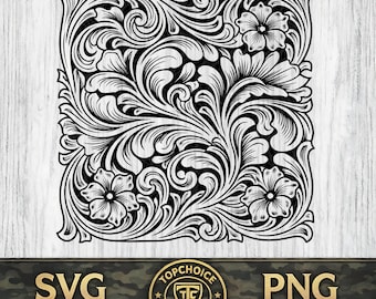 Western Tooled Leather Floral SVG | Carving Pattern PNG | Leather Texture Vector | Laser Engrave Hat Patch | Cowgirl Cut File