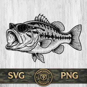 May include: A black and white graphic illustration of a largemouth bass fish wearing sunglasses with its mouth wide open. The design features detailed scales and fins, presented on a light wood grain background with a bottom banner labelled SVG PNG.
