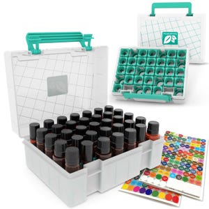 May include: White plastic storage case with a teal handle, containing 30 small brown glass bottles with black caps. The case is open and the bottles are visible. There are also two sheets of colorful round stickers with white text.