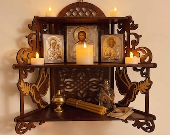 Wall Mounted Wooden Icon Shelf – Orthodox Iconostasis, Catholic Prayer Altar