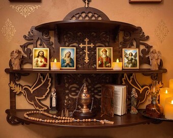 Wooden Iconostasis Shelf – Orthodox Icon Holder, Catholic Prayer Altar, Christian Wall Display