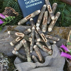 Celtic Runes Ogham Staves – Tree divination sacred Oak pocket set with guidebook & pouch