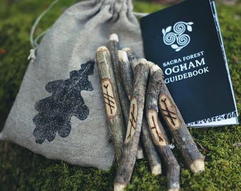 Hand Carved Oak Ogham Staves Set: Celtic Tree Divination with Guidebook & Bag