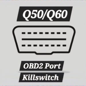 Op de afbeelding: Zwart-witte illustratie van een OBD2-poort met de tekst "Q50/Q60 OBD2 Port Killswitch" eronder.