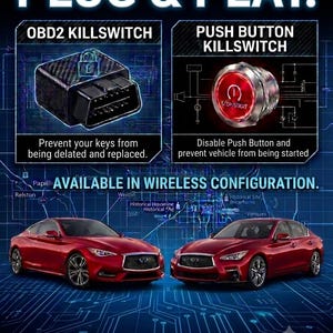 以下が含まれることがあります： カーボンファイバー柄のOBD2キルスイッチと、STOP/STARTの文字が入った円形の赤いプッシュボタン式キルスイッチ。画像には2台の赤い車、青いデジタル回路の背景、PLUG & PLAYおよびAVAILABLE IN WIRELESS CONFIGURATIONというテキストが含まれています。