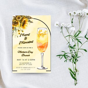 Modèle d'invitation pour le brunch fête des mères mamans et mimosas, invitation florale tournesol fête des mères, invitation florale brunch fête des mères