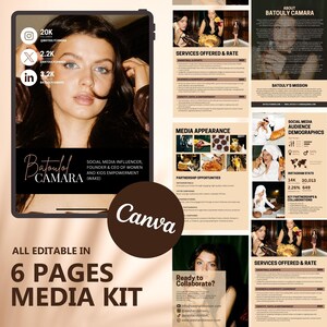 May include: A six-page media kit for Batouly Camara, a social media influencer, founder, and CEO of women and kids empowerment. The kit includes information about her social media presence, services offered, media appearances, and partnership opportunities. The kit is designed in a brown and white color scheme with a photo of Batouly Camara on the cover.