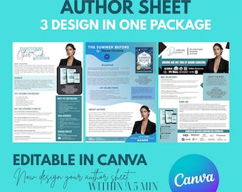May include: A teal graphic with the text "AUTHOR SHEET 3 DESIGN IN ONE PACKAGE." The image includes three author sheet designs, each featuring a woman's photo and text about a book and author. The bottom text reads "EDITABLE IN CANVA."