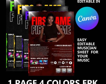 1-Page Musician Media Kit , EPK | 4 Colours | Editable Canva