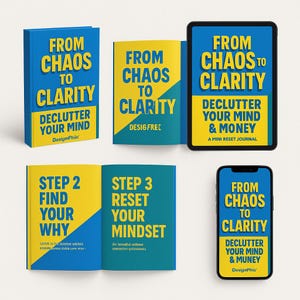 May include: An image featuring books and digital devices with the title "From Chaos to Clarity." The items have a blue, yellow, and white colour scheme. The text includes "Declutter Your Mind & Money" and "A Mini Reset Journal."