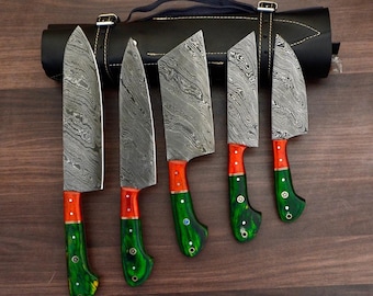 Hand Forged Damascus Steel Chef Knife Set: Rosewood Handle, Leather Sheath