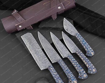 Juego de cuchillos de chef de Damasco: mangos de madera de pakka grabados, kit de almacenamiento
