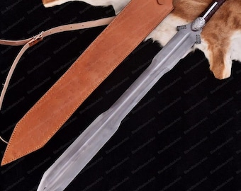 Ręcznie robiony stalowy miecz wikingów: średniowieczna replika ze skórzaną pochwą