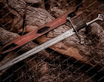 Handmade Damascus Steel Viking Sword: Medieval Groomsmen Gift with Leather Sheath