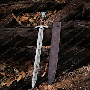 Damast-Schwert, Mittelalterliches Schwert, Wikingerschwert mit Lederscheide, Trauzeuge Geschenk, Jahrestag Geschenk, Geschenk für Ihn