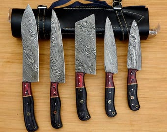 Hand Forged Damascus Steel Chef Knife Set: Rosewood Handle, Leather Sheath