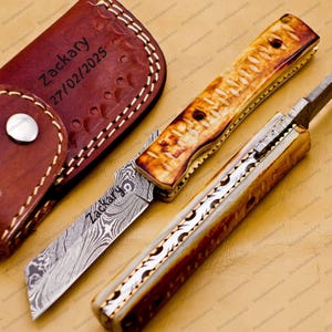 Handmade Damascus steel Personalized Pocket Knife Groomsman Gift Hunting Knife Camping Gift for Boyfriend Men Anniversary Birthday Gift