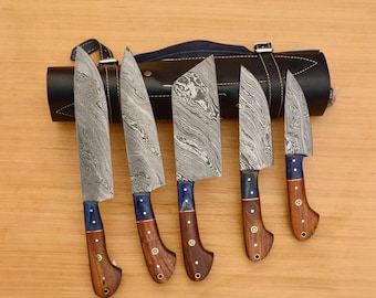 Hand Forged Damascus Steel Chef Knife Set: Rosewood Handle, Leather Sheath