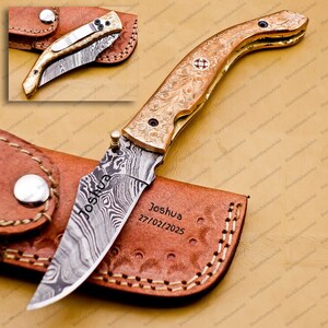 Personalized Custom Damascus Steel Folding Knife Pocket Knife Handle Made with Copper Best Gift with for Father&#39;s Leather Sheath