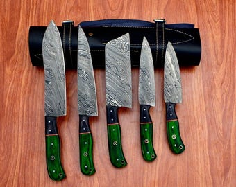 Hand Forged Damascus Steel Chef Knife Set: Rosewood Handle, Leather Sheath