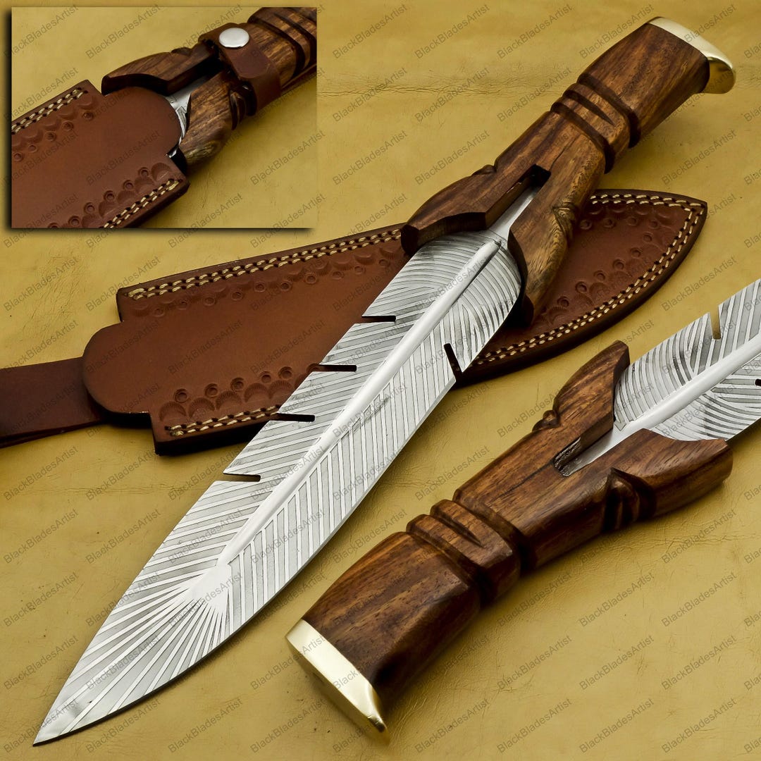 Handmade Damascus Hunting Knife: Feather Pattern Blade, Wooden Handle ...