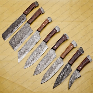 8-Piece Handmade Damascus Steel Chef Knife Set - Complete Kitchen Cutlery Collection Gift for Home Warming Birthday New Home Engagement