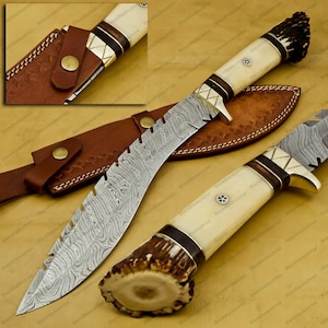 Damascus Steel Bowie Knife - Premium Hunting knife with Bone Handle damascus bowie knife, handmade bowie, hunting bowie knife, camping knife