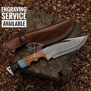 Custom Handmade Damascus Steel Gut Hook Hunting Knife With Pure Leather Sheath Hunting Knife Gift Gift For Hunters Personalized Gift