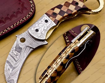 Handmade Damascus Steel Groomsman Gift karambit knife, gift for him, camping knife, damascus knife, gift for men, christmas gift boyfriend