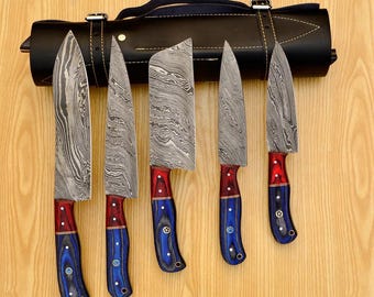 Set di coltelli da chef in acciaio Damasco forgiati a mano: manico in palissandro, fodero in pelle