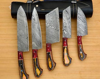 Hand Forged Damascus Steel Chef Knife Set: Rosewood Handle, Leather Sheath