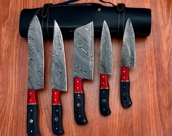 Hand Forged Damascus Steel Chef Knife Set: Rosewood Handle, Leather Sheath