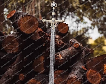 Damascus Steel Viking Sword: Handmade Medieval Sword with Leather Sheath