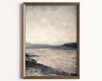Un horizonte tranquilo bajo cielos fantasmales, arte mural con paisaje melancólico, obra de arte minimalista imprimible para interiores otoñales tranquilos.