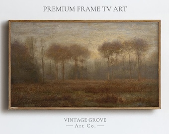 Samsung Frame TV Art, Moody Landscape Painting for Quiet Spaces, Fall Artwork with Trees and Soft Golden Light