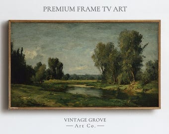 Samsung Frame TV Art – Vintage Spring Landscape Oil Painting, Cottagecore Art for Rustic Farmhouse Decor, Lake Wall Art Download, FTV-211