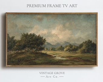 Samsung Frame TV Art – Antique Oil Landscape Painting | Moody Mountain Forest Scene for Rustic Decor | FTV-162
