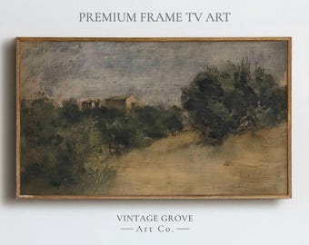 Op de afbeelding: Een ingelijst landschapsschilderij met gedempte kleuren. Het kunstwerk toont een landelijke scène met een huis, bomen en een veld. De tekst "PREMIUM FRAME TV ART" en "VINTAGE GROVE - Art Co." zijn zichtbaar.