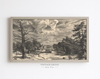 Peut inclure: Impression d'art encadrée en noir et blanc représentant un paysage. L'œuvre d'art est une illustration détaillée d'une scène rurale avec des arbres, un chemin et un bâtiment au loin. Le cadre est de couleur gris clair. Le texte "VINTAGE GROVE - Art Co." est en bas.