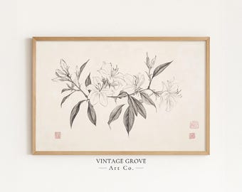 Vintage Botanical Sketch Printable Art, Black and White Floral Drawing, Minimalist Line Art, Nature-Inspired Digital Print, Instant Download