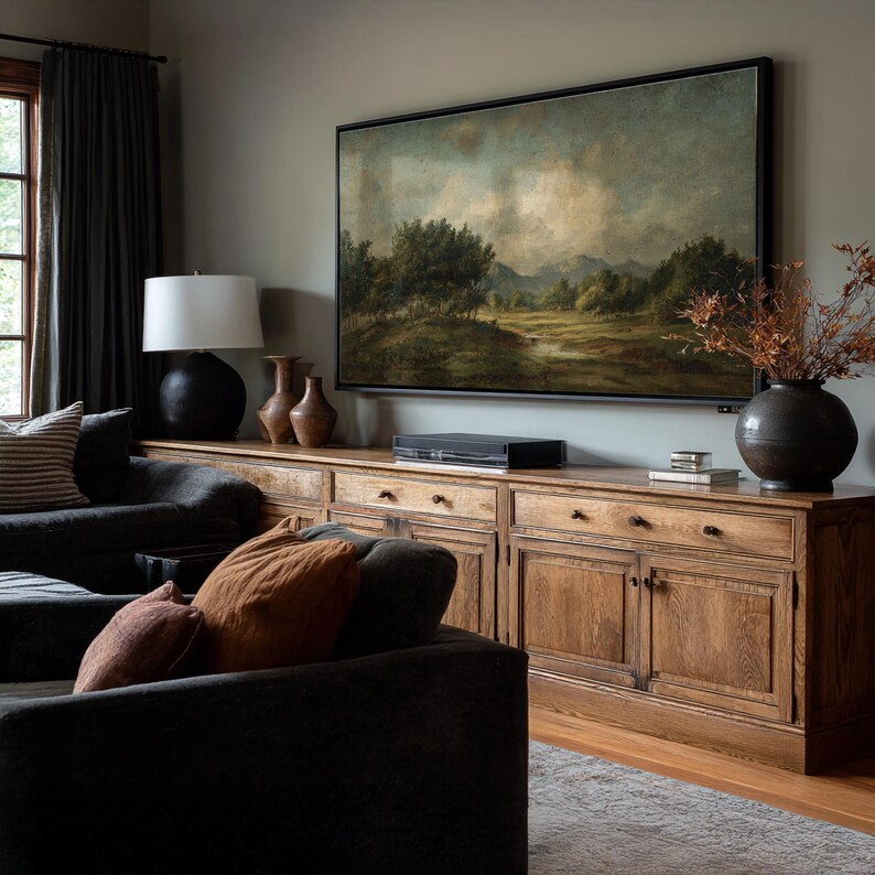 Samsung Frame TV Art – Antique Oil Landscape Painting | Moody Mountain ...
