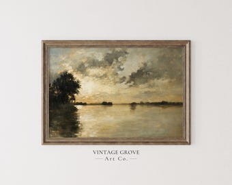 Moody Sunset Lake Wall Art, Warm Toned Landscape Painting, Printable Wall Art, Digital Download, Rustic Nature Decor, Reflective Water Print