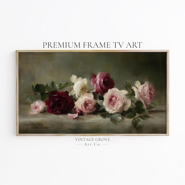 Samsung Frame TV Art Still Life Roses in Shadow, a Moody Wall Art Scene for Romantic Interiors and Antique Oil Painting Lovers