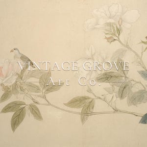 May include: Vintage-style botanical art print featuring a bird perched on a branch with leaves and flowers. The artwork has a soft, muted color palette with the text "VINTAGE GROVE Art Co." in the center.