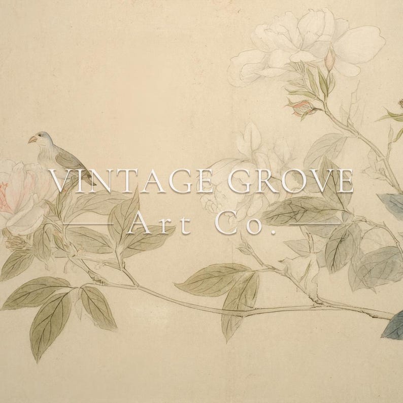 May include: Vintage-style botanical art print featuring a bird perched on a branch with leaves and flowers. The artwork has a soft, muted color palette with the text "VINTAGE GROVE Art Co." in the center.